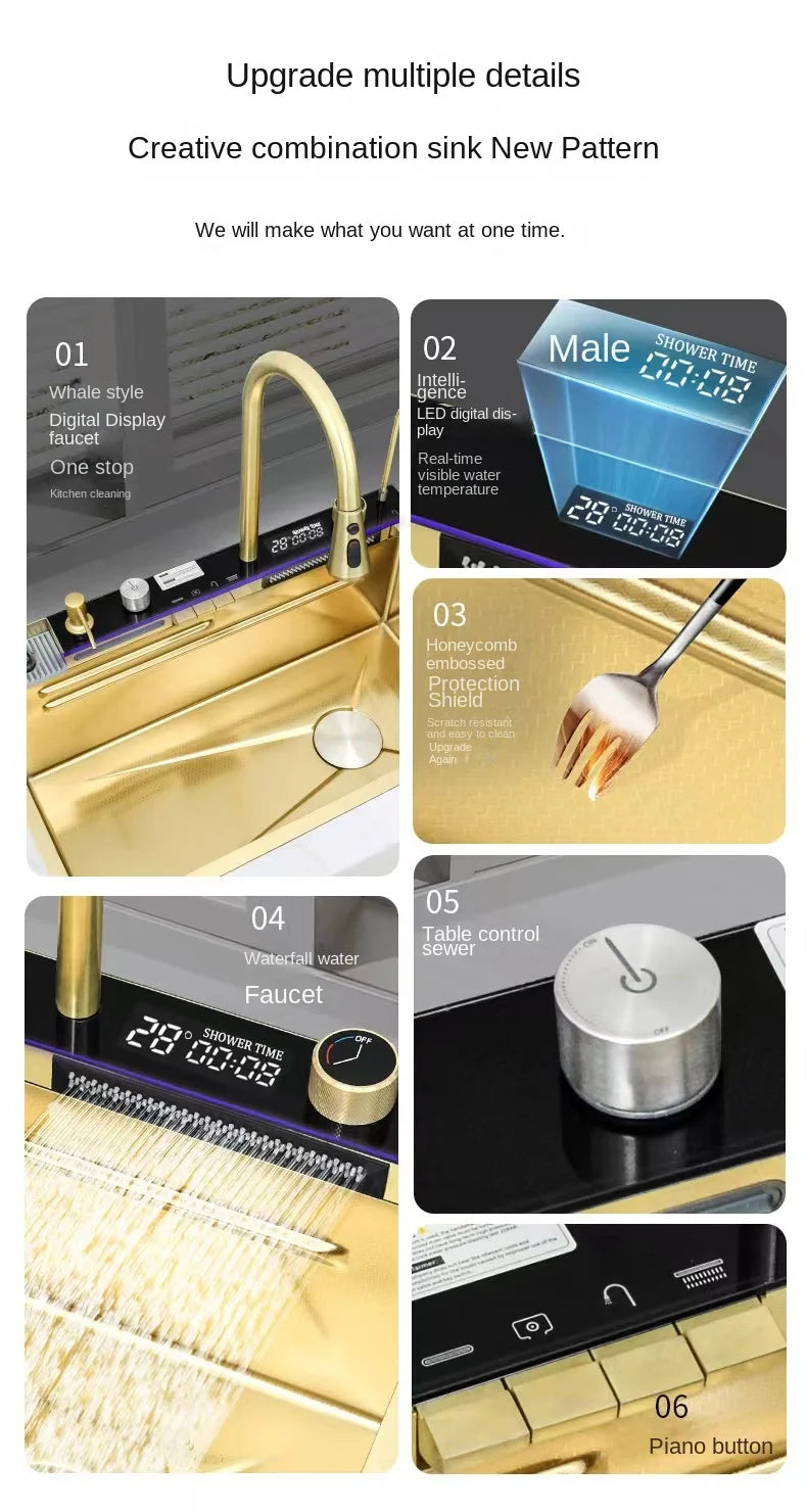 Fregadero de cocina dorado, fregadero de acero inoxidable, lavabo Digital para lavar verduras, luz de ambiente, fregadero individual grande de cocina de 75cm x 46cm