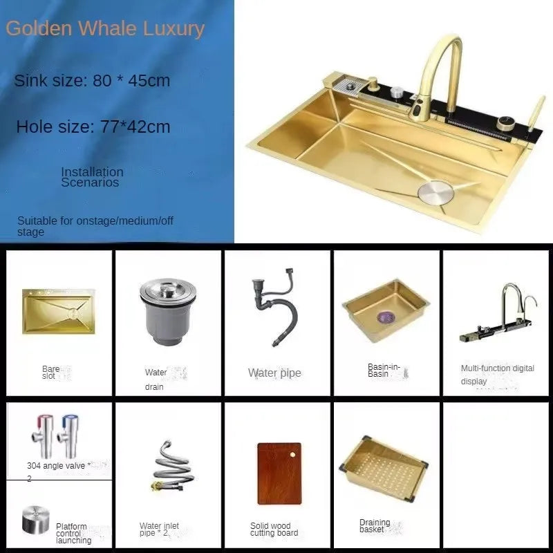 Fregadero de cocina dorado, fregadero de acero inoxidable, lavabo Digital para lavar verduras, luz de ambiente, fregadero individual grande de cocina de 75cm x 46cm