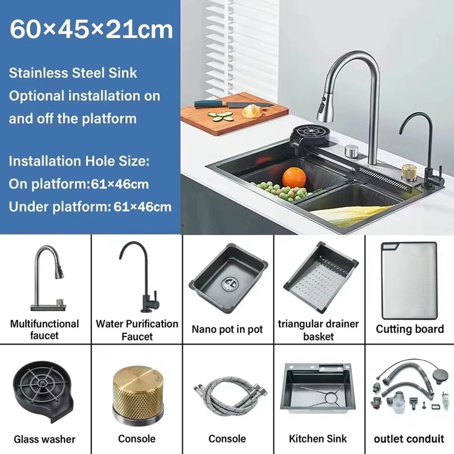 Stainless Steel Multifunctional Kitchen Sink Faucet Set Rainfall Spout Pull Out Sprayer Pure Tap Cold Hot Water Mixer