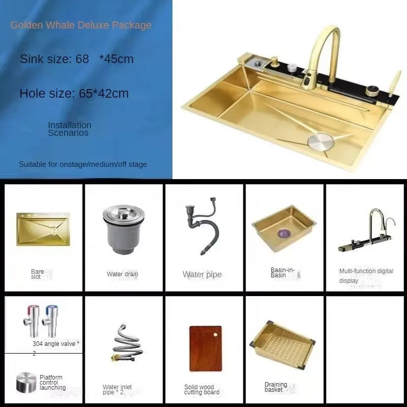 Fregadero de cocina dorado, fregadero de acero inoxidable, lavabo Digital para lavar verduras, luz de ambiente, fregadero individual grande de cocina de 75cm x 46cm