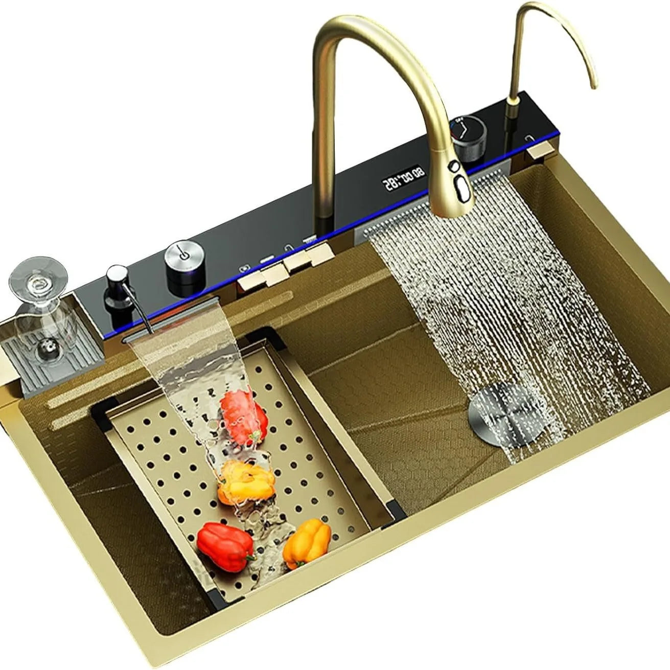 Fregadero de cocina dorado, fregadero de acero inoxidable, lavabo Digital para lavar verduras, luz de ambiente, fregadero individual grande de cocina de 75cm x 46cm