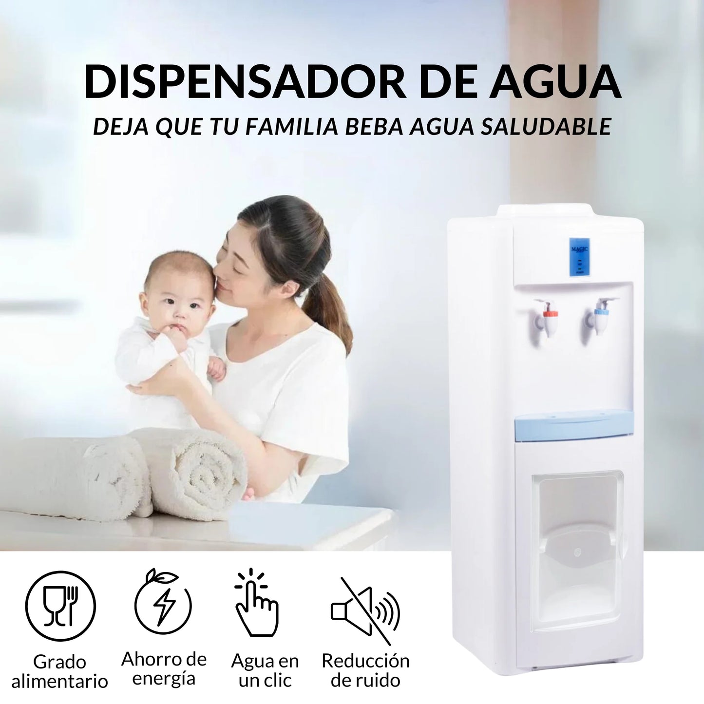 MAGIC SELECT Dispensador Eléctrico de Agua Fría y Caliente. Máquina de Agua, Dispensador de Pie Silencioso para Hogar, Cocina, Oficina, Hotel. (Garrafa de Agua No Incluida)