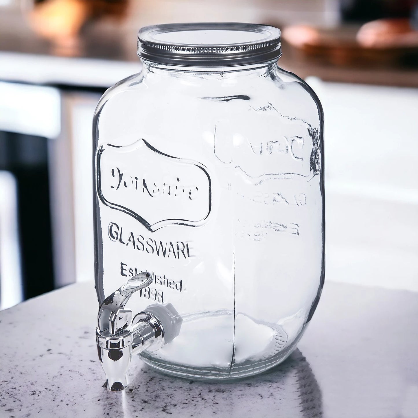 MAXHOME- Dispensador de Agua/Bebidas con Grifo - Recipiente de Cristal y Dosificador Metálico -
