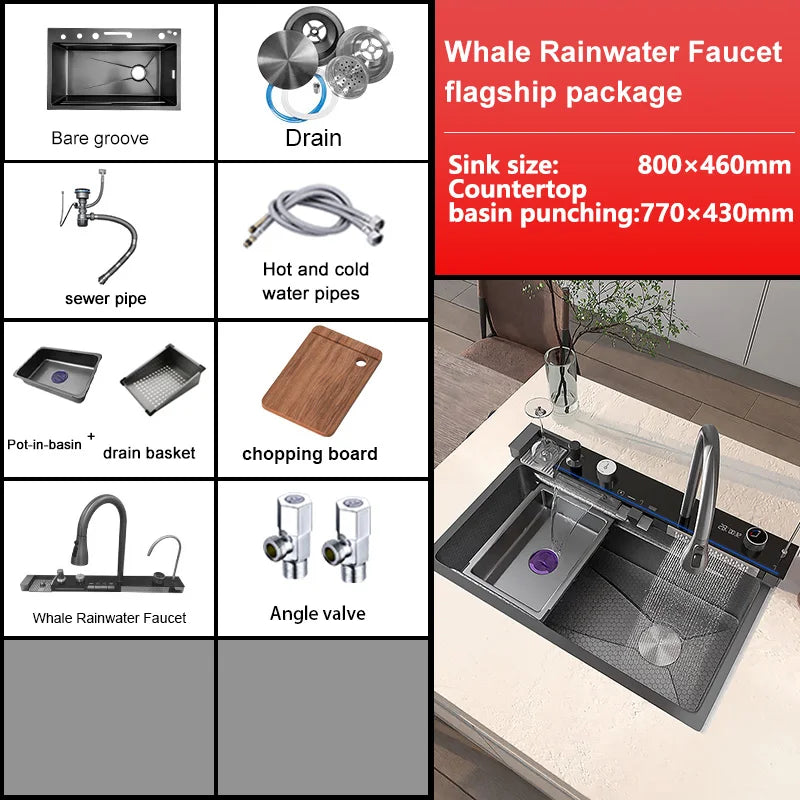 Stainless Steel kitchen Sink With Waterfall Golden Large Single Slot Multifunctional Digital Display Sinks 100*50CM