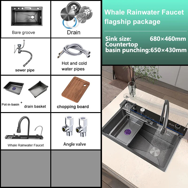 Stainless Steel kitchen Sink With Waterfall Golden Large Single Slot Multifunctional Digital Display Sinks 100*50CM