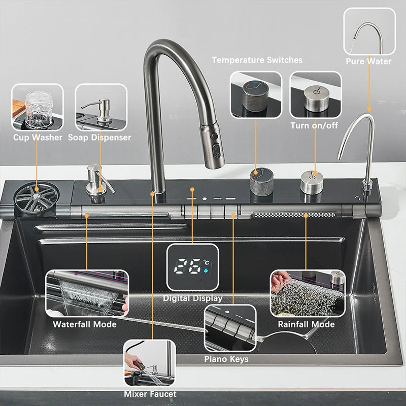 Stainless Steel  Multifunctional Kitchen Sink Faucet Set Rainfall Spout Pull Out Sprayer Pure Tap Cold Hot Water Mixer