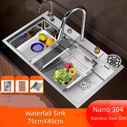 Fregadero de acero inoxidable Nano 304, cascada, fregadero de cocina de ranura única grande, fregadero de verduras, fregadero de acero inoxidable para el hogar