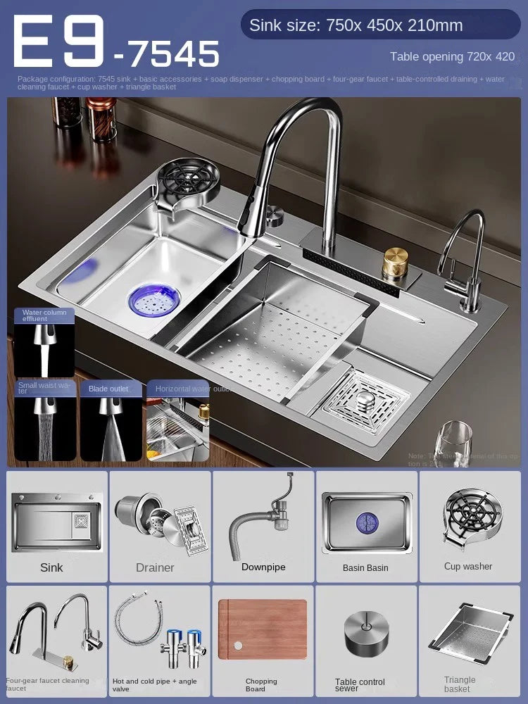 Fregadero de acero inoxidable Nano 304, cascada, fregadero de cocina de ranura única grande, fregadero de verduras, fregadero de acero inoxidable para el hogar