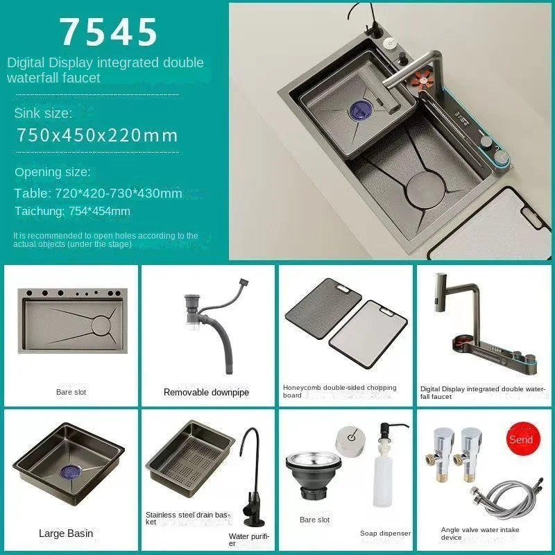 Fregadero Nano de acero inoxidable 304 con ranura única en cascada con pantalla Digital, lavavajillas, cocina, lavabo multifuncional para lavar verduras