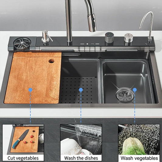 Stainless Steel  Multifunctional Kitchen Sink Faucet Set Rainfall Spout Pull Out Sprayer Pure Tap Cold Hot Water Mixer