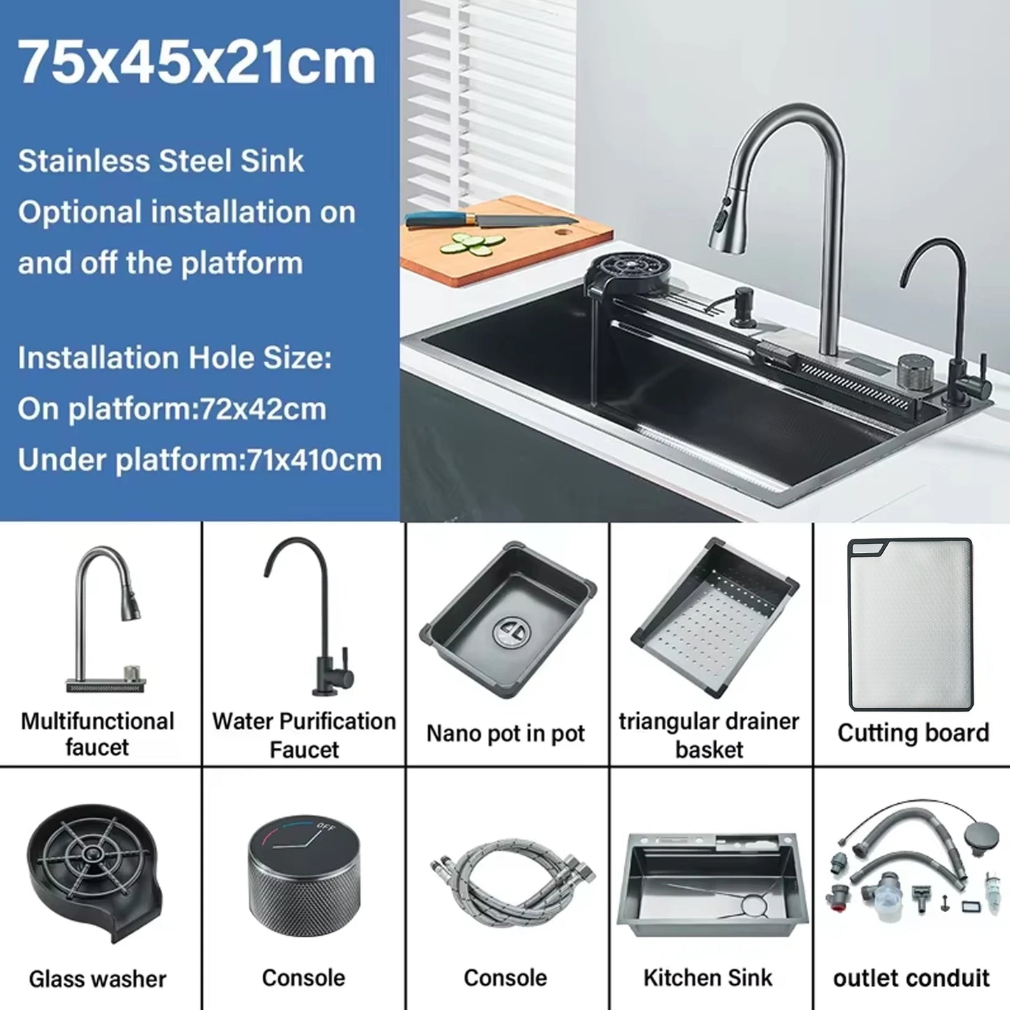 Stainless Steel  Multifunctional Kitchen Sink Faucet Set Rainfall Spout Pull Out Sprayer Pure Tap Cold Hot Water Mixer