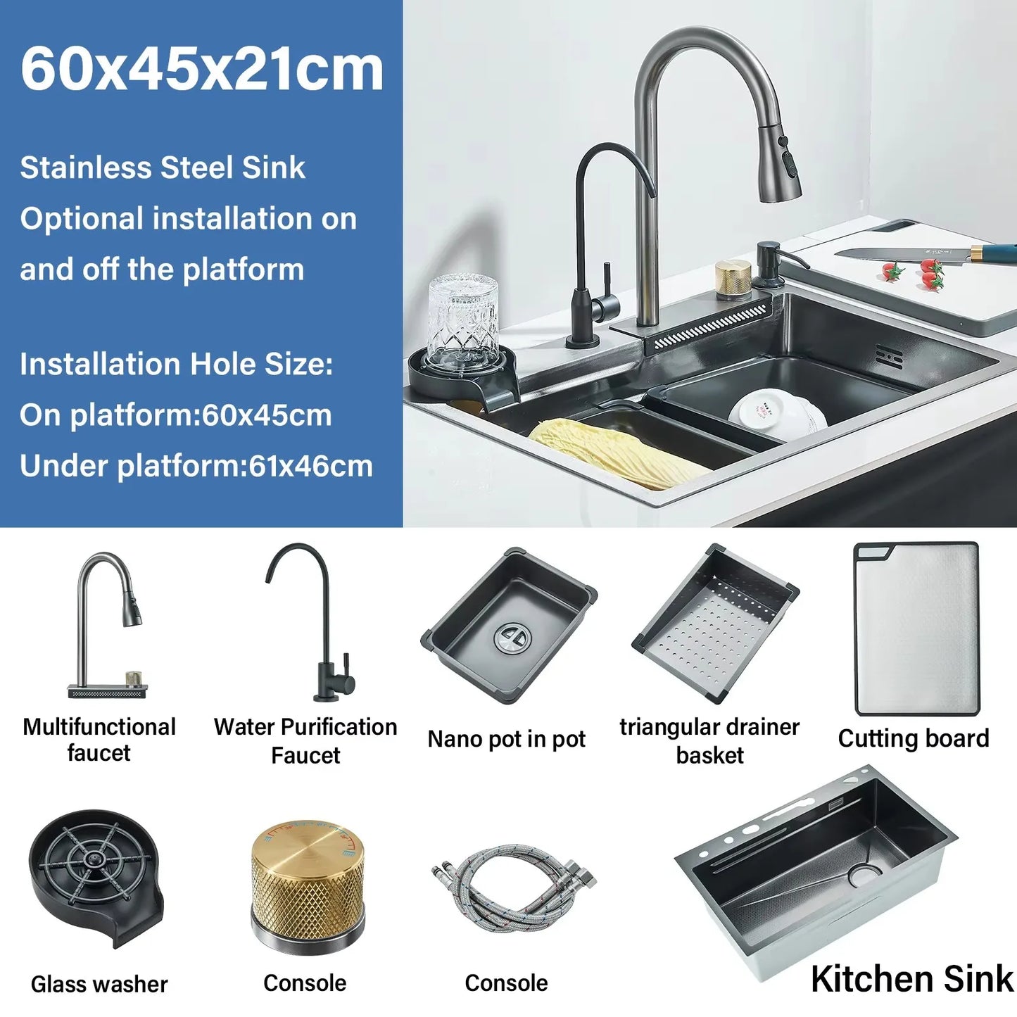 Stainless Steel  Multifunctional Kitchen Sink Faucet Set Rainfall Spout Pull Out Sprayer Pure Tap Cold Hot Water Mixer