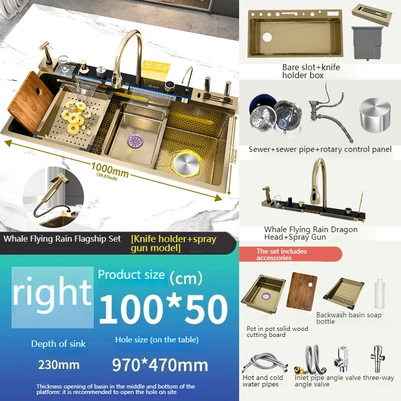 Stainless Steel kitchen Sink With Waterfall Golden Large Single Slot Multifunctional Digital Display Sinks 100*50CM