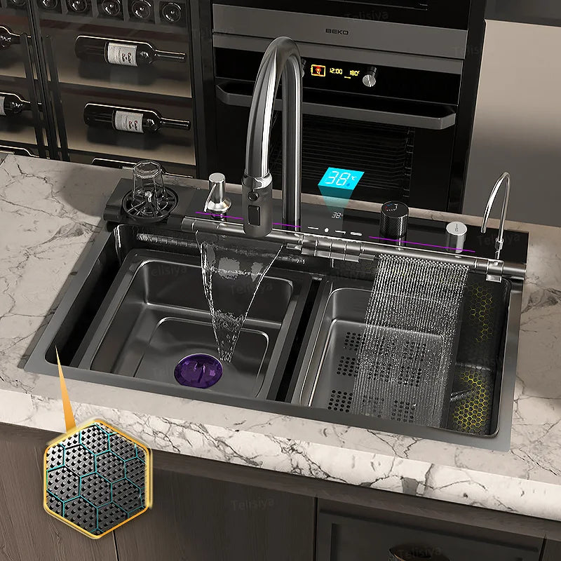 Stainless Steel kitchen Sink With Waterfall Golden Large Single Slot Multifunctional Digital Display Sinks 100*50CM
