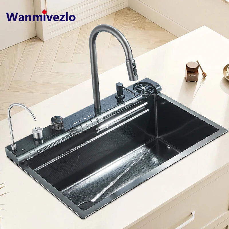 Stainless Steel  Multifunctional Kitchen Sink Faucet Set Rainfall Spout Pull Out Sprayer Pure Tap Cold Hot Water Mixer