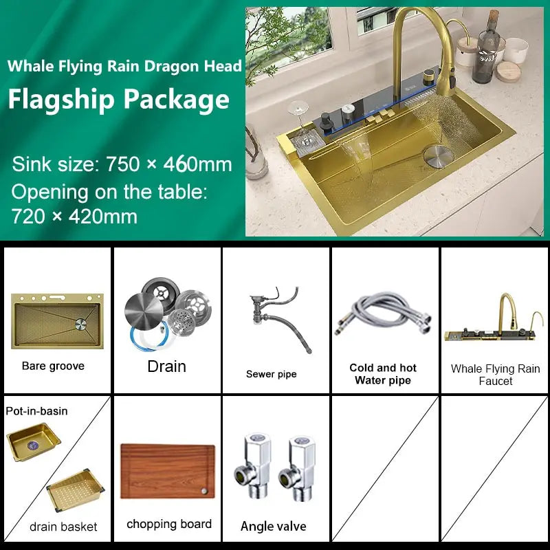 Stainless Steel kitchen Sink With Waterfall Golden Large Single Slot Multifunctional Digital Display Sinks 100*50CM