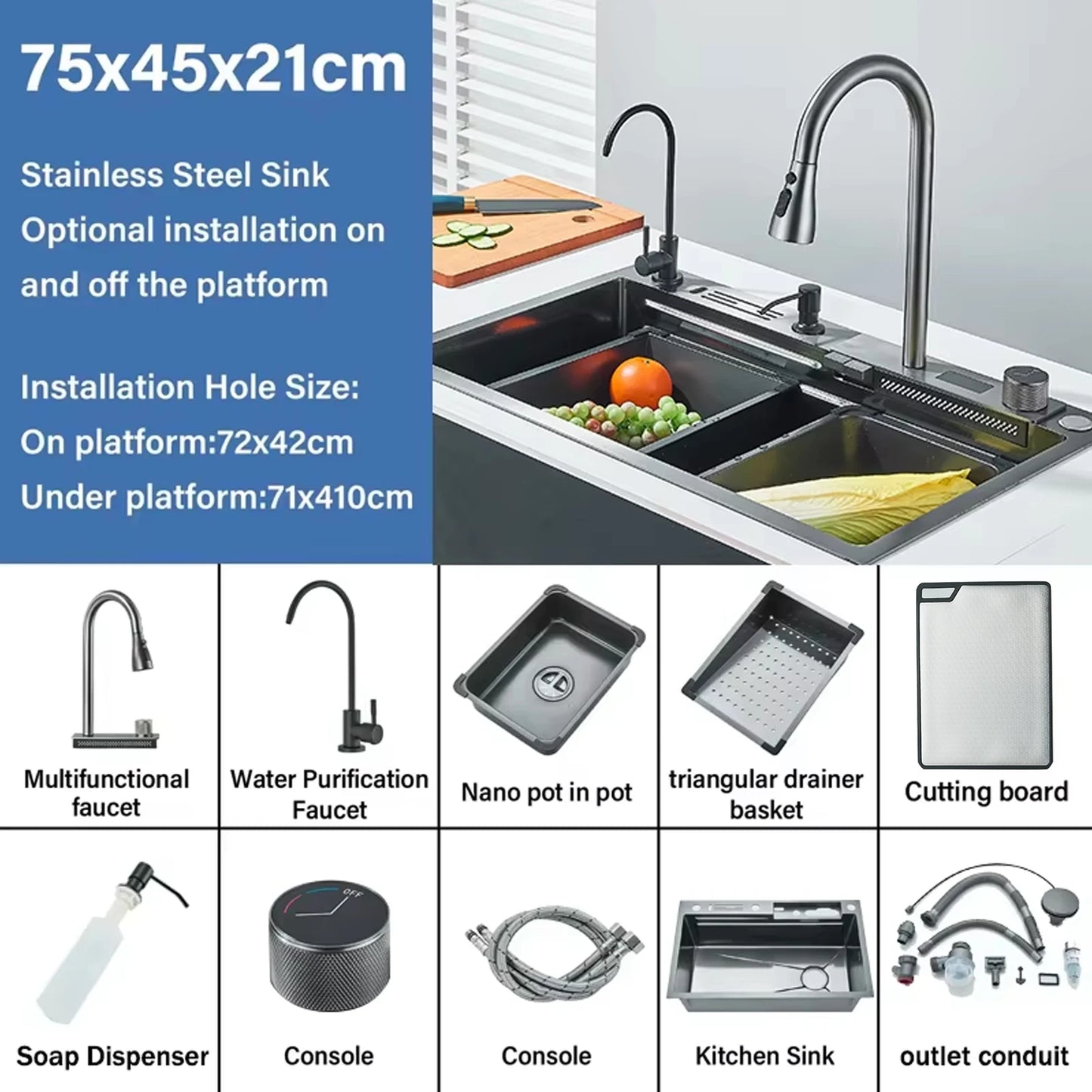 Stainless Steel  Multifunctional Kitchen Sink Faucet Set Rainfall Spout Pull Out Sprayer Pure Tap Cold Hot Water Mixer