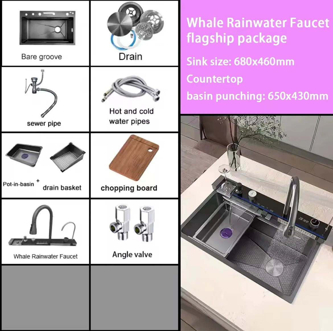 Hot selling Stainless Steel Waterfall Kitchen Sink With Knife Holder Digital Display Faucet Set Embossed Extra Large Single Slot