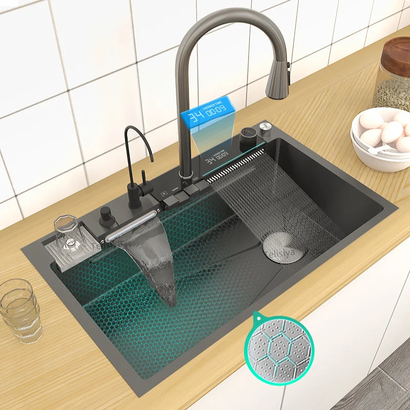 Stainless Steel kitchen Sink With Waterfall Golden Large Single Slot Multifunctional Digital Display Sinks 100*50CM