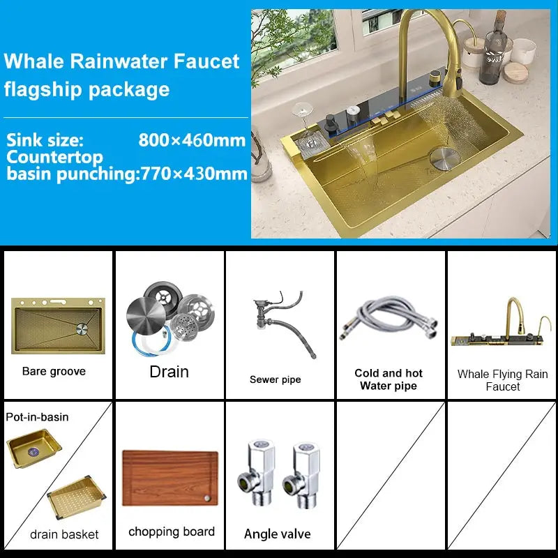 Stainless Steel kitchen Sink With Waterfall Golden Large Single Slot Multifunctional Digital Display Sinks 100*50CM