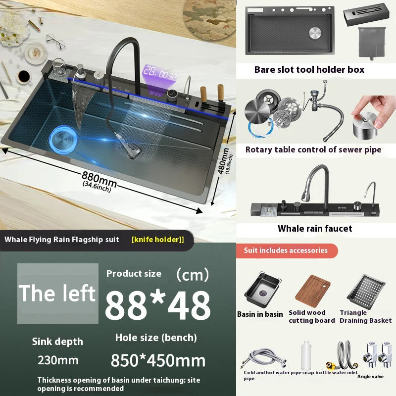 Stainless Steel kitchen Sink With Waterfall Golden Large Single Slot Multifunctional Digital Display Sinks 100*50CM