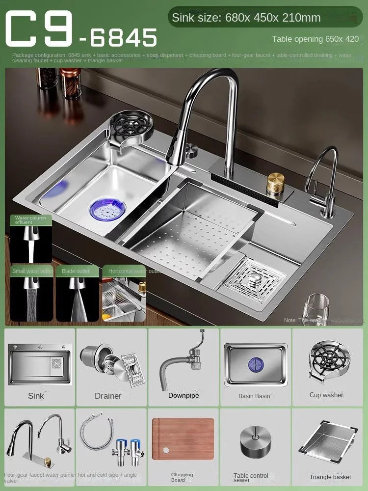 Fregadero de acero inoxidable Nano 304, cascada, fregadero de cocina de ranura única grande, fregadero de verduras, fregadero de acero inoxidable para el hogar