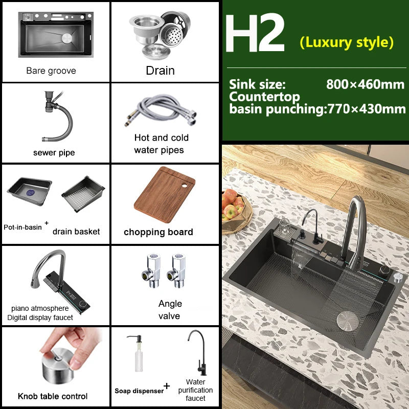 Stainless Steel kitchen Sink With Waterfall Golden Large Single Slot Multifunctional Digital Display Sinks 100*50CM