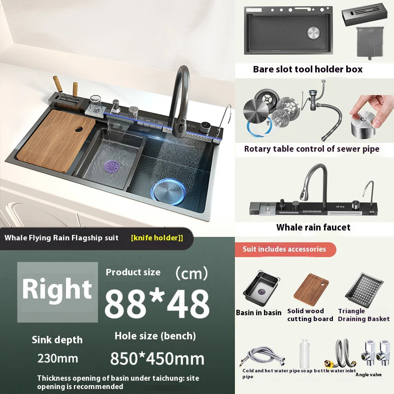 Stainless Steel kitchen Sink With Waterfall Golden Large Single Slot Multifunctional Digital Display Sinks 100*50CM