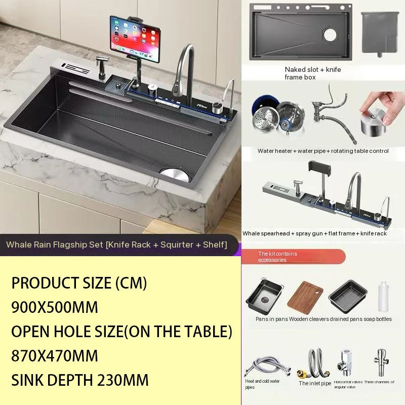 Hot selling Stainless Steel Waterfall Kitchen Sink With Knife Holder Digital Display Faucet Set Embossed Extra Large Single Slot