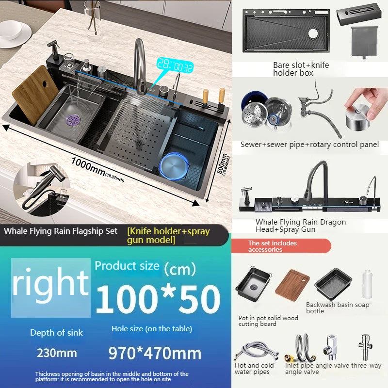 Stainless Steel kitchen Sink With Waterfall Golden Large Single Slot Multifunctional Digital Display Sinks 100*50CM