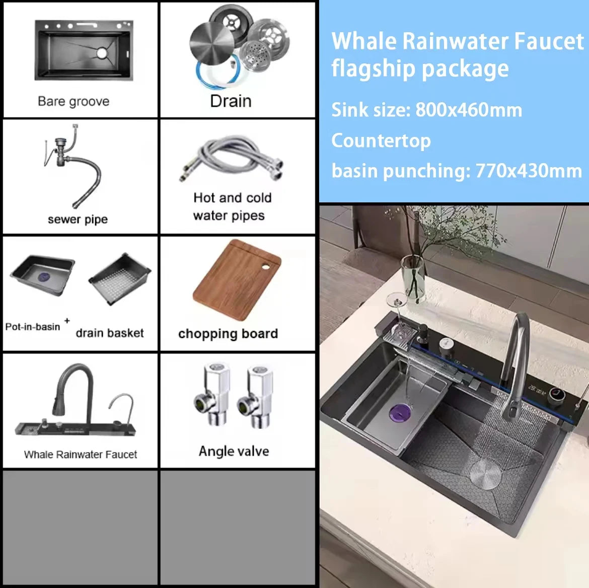 Hot selling Stainless Steel Waterfall Kitchen Sink With Knife Holder Digital Display Faucet Set Embossed Extra Large Single Slot