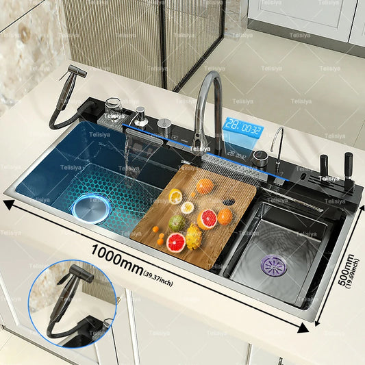 Stainless Steel kitchen Sink With Waterfall Golden Large Single Slot Multifunctional Digital Display Sinks 100*50CM