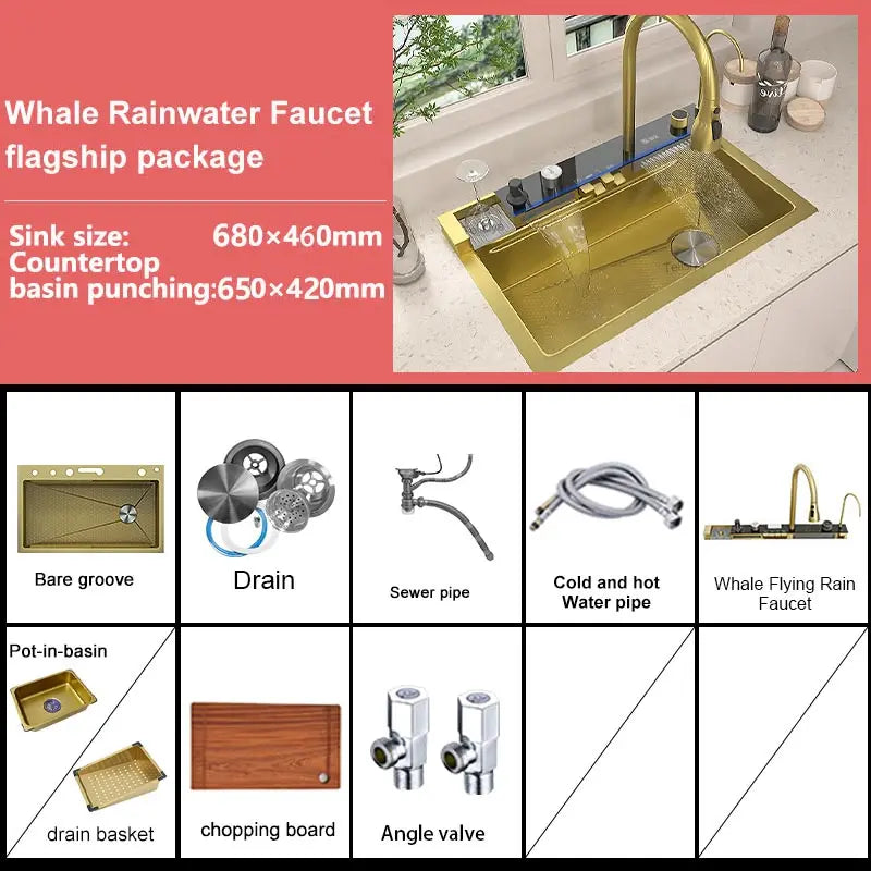 Stainless Steel kitchen Sink With Waterfall Golden Large Single Slot Multifunctional Digital Display Sinks 100*50CM