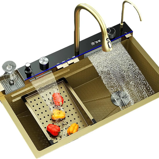 Fregadero de cocina dorado, fregadero de acero inoxidable, lavabo Digital para lavar verduras, luz de ambiente, fregadero individual grande de cocina de 75cm x 46cm