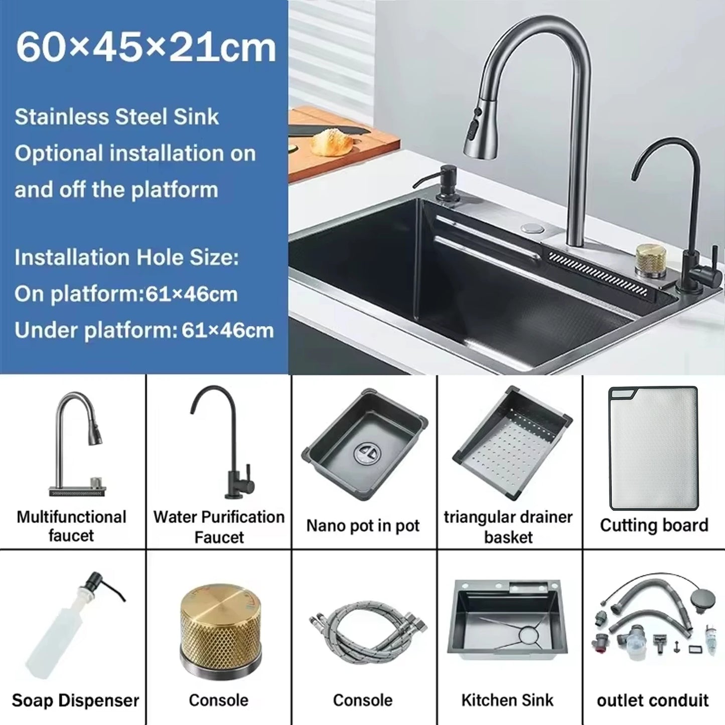 Stainless Steel  Multifunctional Kitchen Sink Faucet Set Rainfall Spout Pull Out Sprayer Pure Tap Cold Hot Water Mixer