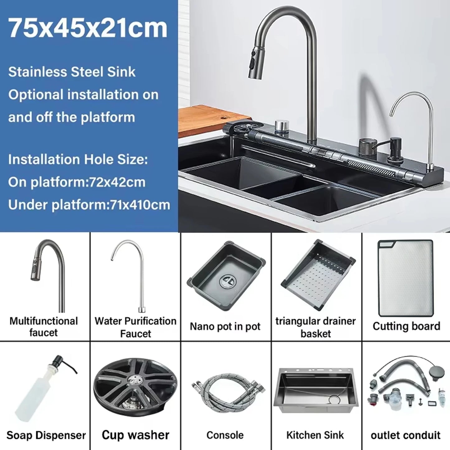 Stainless Steel  Multifunctional Kitchen Sink Faucet Set Rainfall Spout Pull Out Sprayer Pure Tap Cold Hot Water Mixer