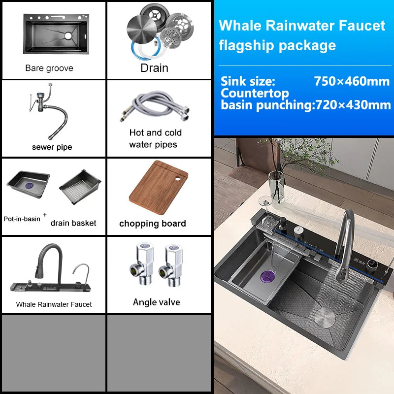 Stainless Steel kitchen Sink With Waterfall Golden Large Single Slot Multifunctional Digital Display Sinks 100*50CM