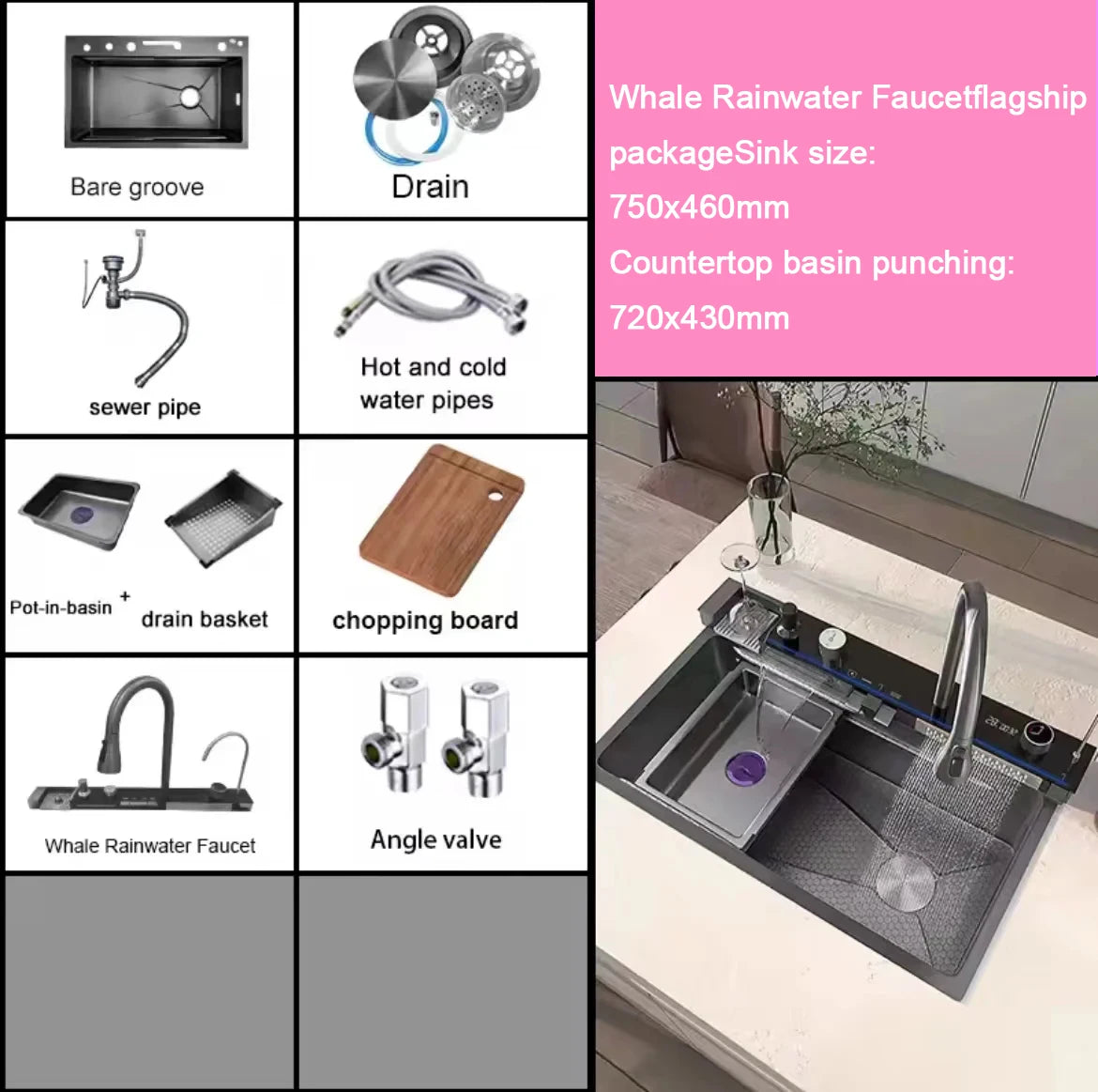 Hot selling Stainless Steel Waterfall Kitchen Sink With Knife Holder Digital Display Faucet Set Embossed Extra Large Single Slot