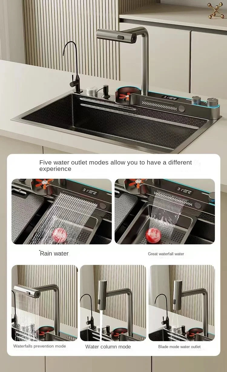 Fregadero Nano de acero inoxidable 304 con ranura única en cascada con pantalla Digital, lavavajillas, cocina, lavabo multifuncional para lavar verduras